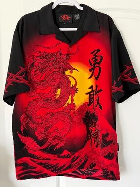 Vintage Y2K Dragonfly Dragon Tribal Graphic Shirt Loop Collar Button Mens Large